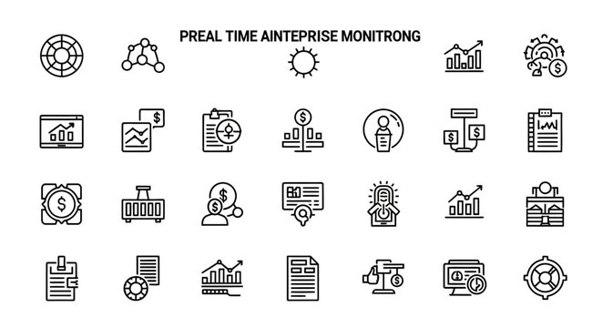 Business Analytics Icons: Real-Time Enterprise Monitoring, Growth Charts, Finance, Data Analysis