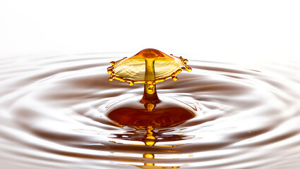 A drop of golden liquid creates ripples in calm water on a white background
