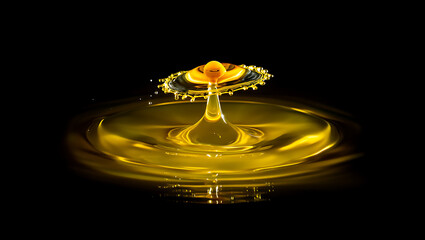 A close-up view of a golden liquid droplet creating a ripple effect in water