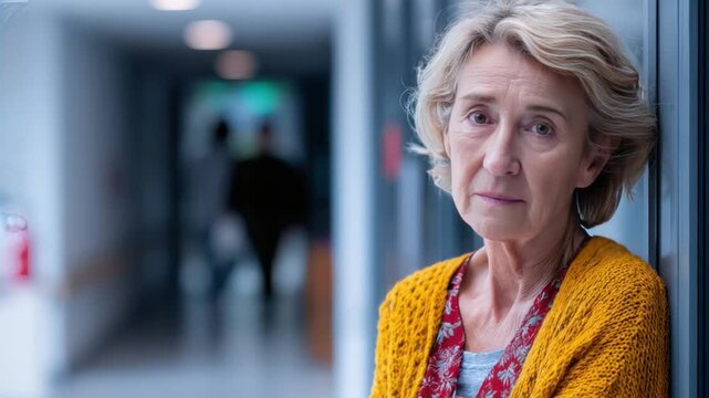   Quiet Contemplation: An older woman with kind eyes leans against a cool-toned wall in a moment of quiet reflection, the ambient light casting a serene atmosphere. 