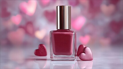 Vibrant red nail polish bottle with metallic cap and romantic heart decorations on Valentine&rsquo;s Day background