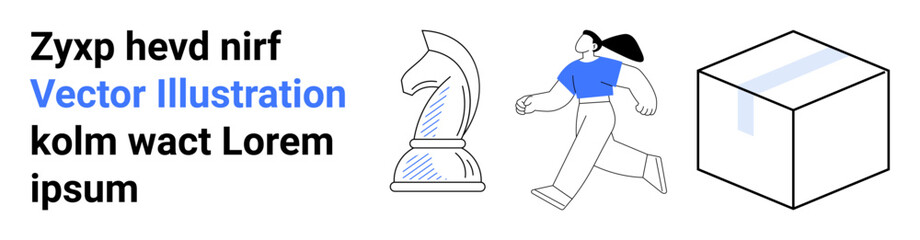 Strategy, logistics, decision-making, movement, storage, conceptual art. Chess knight, person walking and box of planning and organization. Strategy and logistics idea