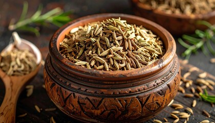 Close-up of Cumin Seeds in a Rustic Wooden Bowl with Garlic and Herbs.
