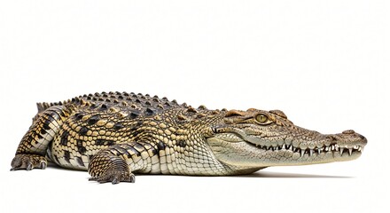 Fototapeta premium High-resolution crocodile isolated on a solid white background, clean cutout for websites, presentations, advertising, education, and digital design.