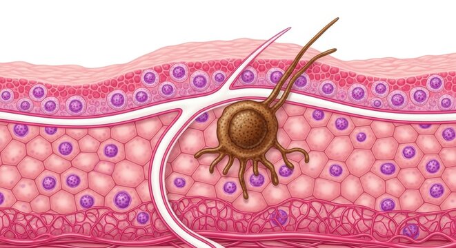 scabies mite burrowing into human skin layers with purple cell nuclei  infographic