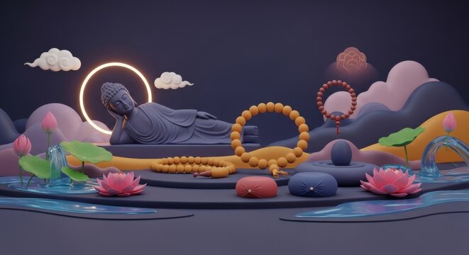 Reclining Buddha sculpture for Parinirvana Day, 3D render