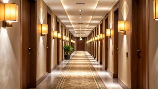 Luxurious hotel corridor with warm lighting and symmetrical doors
