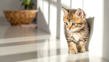Adorable Tabby Kitten Exploring a Sunlit Room.