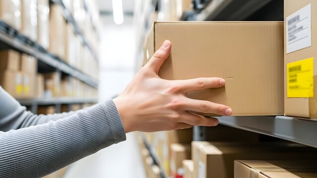 Hand placing cardboard box onto shelf in a large warehouse