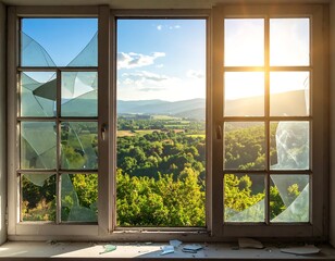 Fototapeta premium A serene landscape viewed through a broken window