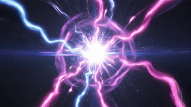 Electricity explodes in a vibrant display of pink and blue lightning against a dark background in a high-speed 4K video