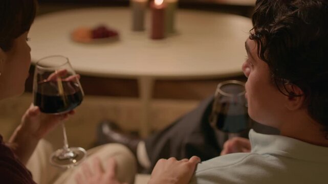 Back view of affectionate young couple drinking red wine while sitting on home couch and talking during romantic evening