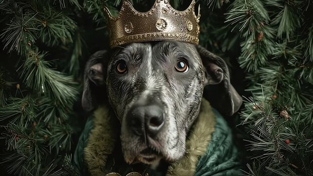 Regal Dog Wearing Crown Portrait.