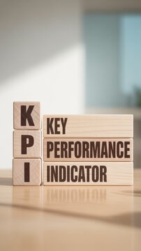 Stylish photo of KPI Key Performance Indicator acronym on wooden blocks in a bright, modern office setting.