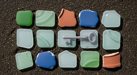 Vintage Key on Sea Glass Grid over Dark Sand Beach Background