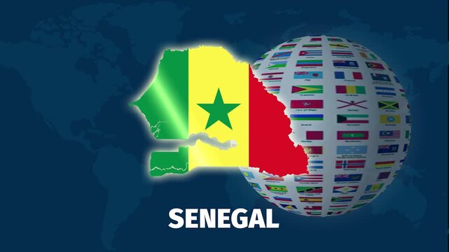 Senegal map, elegant animation with rotating flag globe background