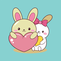Obraz premium Two Cute Kawaii Bunnies Holding a Pink Heart Illustration