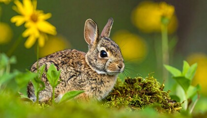 Fototapeta premium A young rabbit sits in a field of green grass and yellow flowers, looking to the right.