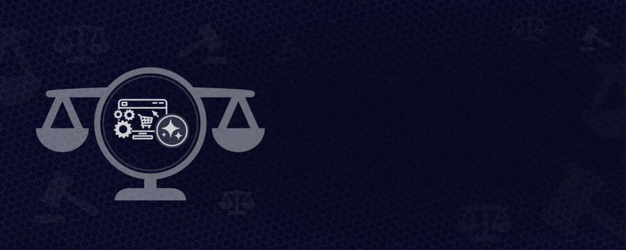 Artificial Intelligence in E-Commerce Law Consumer Protection and Digital Trade Regulations Vektor Illustration with Sparkles AI and Copy Space Justice Scales and Shop Icon