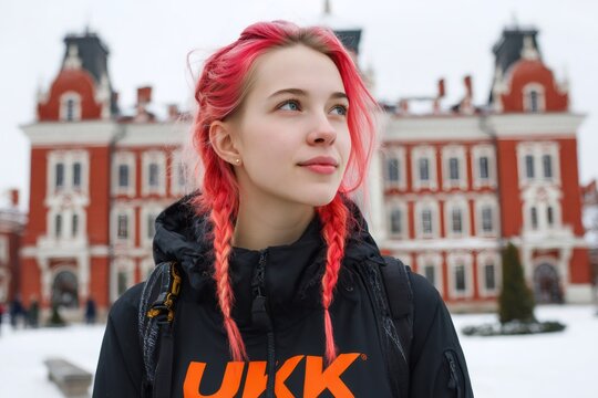 Young woman with pink braids exploring jelgava palace in winter