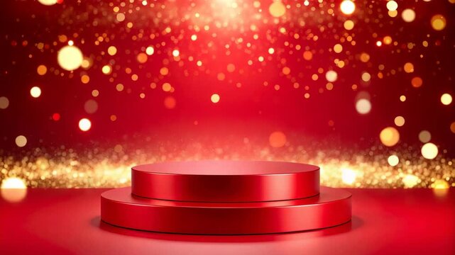 Circular red podium stage with golden bokeh lights and glitter backdrop