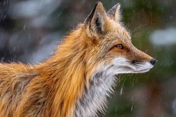 Obraz premium Red fox looking right during snowfall