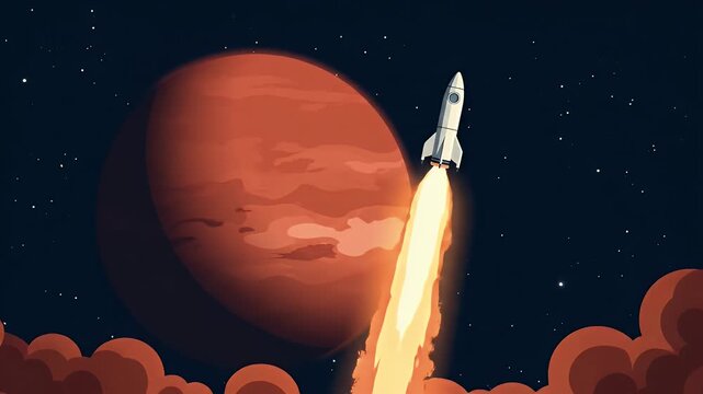 Pixelated Rocket Launching With Red Clouds and Planet Background in Deep Space
