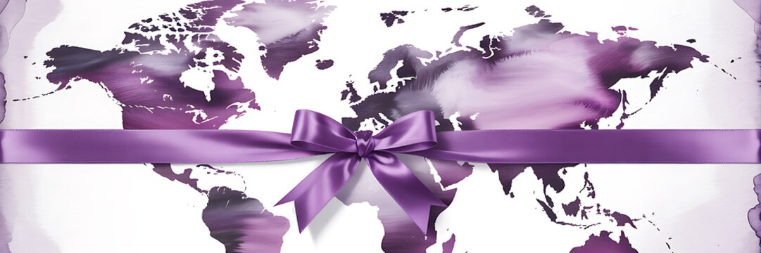 Abstract purple watercolor world map decorated with a shiny satin ribbon and bow