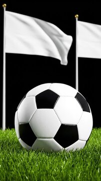 A soccer ball sits on green grass with white flags in the background on a black backdrop