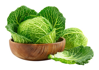 Fototapeta premium Fresh Green Cabbage in Wooden Bowl isolated on a transparent background