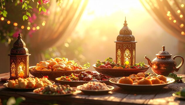 Beautifully arranged Pakistani Ramadan food in a spiritual setting with golden bokeh lights and a vintage lantern