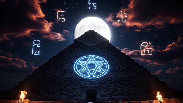 Ancient Pyramid Glowing with Magical Hexagram Under Full Moon as Esoteric Symbols Float in Night Sky