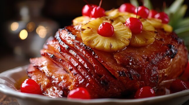 Glazed ham with pineapple and cherries