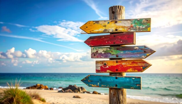 Colorful Directional Signpost on a Tropical Beach with Ocean and Sky.