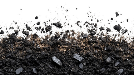 Cross-section of soil, revealing dark earth and scattered rock fragments