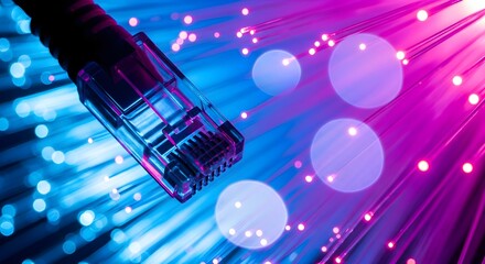 Close-up of a fiber optic cable connector with blue and pink light beams and bokeh in the background.