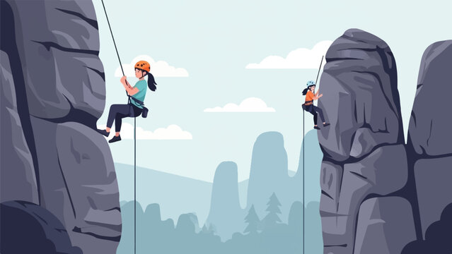 Two women rappelling down steep rocky mountainsides against a cloudy sky