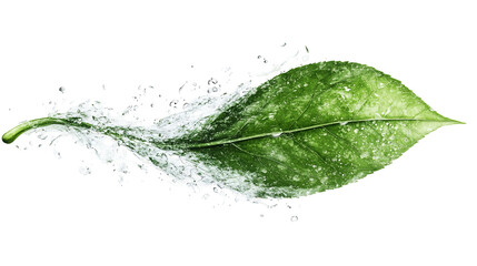 A single green leaf with water splashing from it, isolated on a black background
