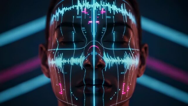 Face with neon waveform overlay, eyes closed as biometric audio nodes pulse, cyan and magenta lights trace facial patterns for voice recognition research and privacy testing.