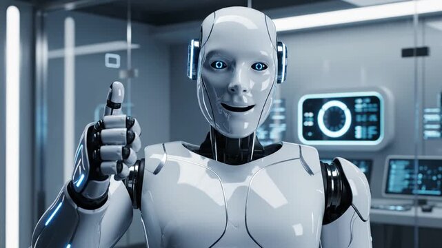 A smiling humanoid robot with blue lights in a futuristic setting, giving a thumbs up