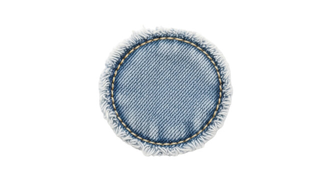 Round denim patch with frayed edges isolated PNG, blue jean fabric circle for clothing repair and decorative embellishment