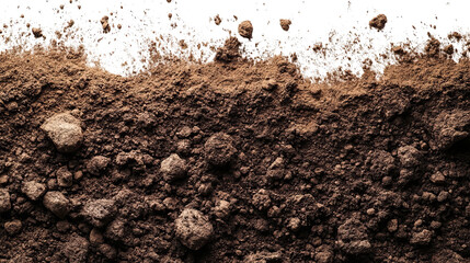 Close-up of rich, dark brown soil with visible pebbles and textures