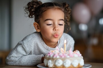 Little girl with curly hair is preparing to blow out a candle on a birthday cake, surrounded by festive decorations and joyful atmosphere