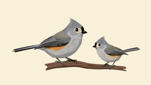 Two small grey birds with crests perched on a brown branch against a pale background