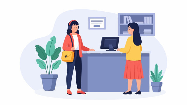 Two women at a counter with plants, a computer, and a bookshelf in the background