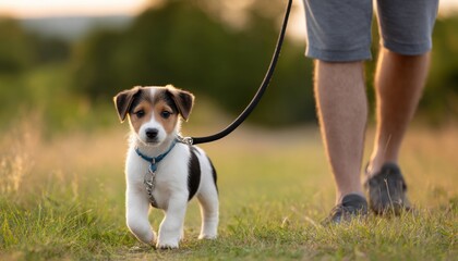Playful puppy on a leash walks alongside its owner in a grassy field, showcasing a low ground perspective with a curved leash