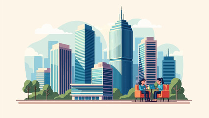 Obraz premium Two women sitting in armchairs at a table with a laptop in front of city skyscrapers