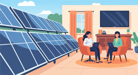 Two women using laptops near solar panels in a room
