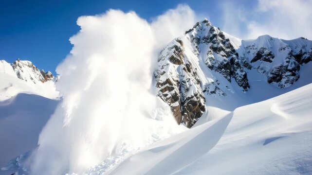 Massive snow avalanche cascading down a steep mountain slope under a clear blue sky.