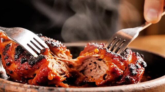 A close-up of a grilled chicken leg being cut with metal forks on a cast-iron plate